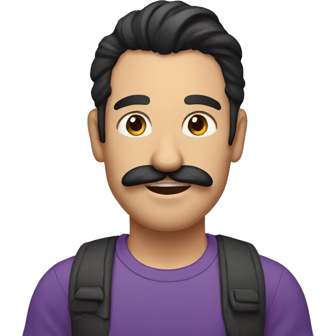a man with long dark hair in a ponytail and a mustache shows a thumbs up, purple T-shirt and brown eyes emoji