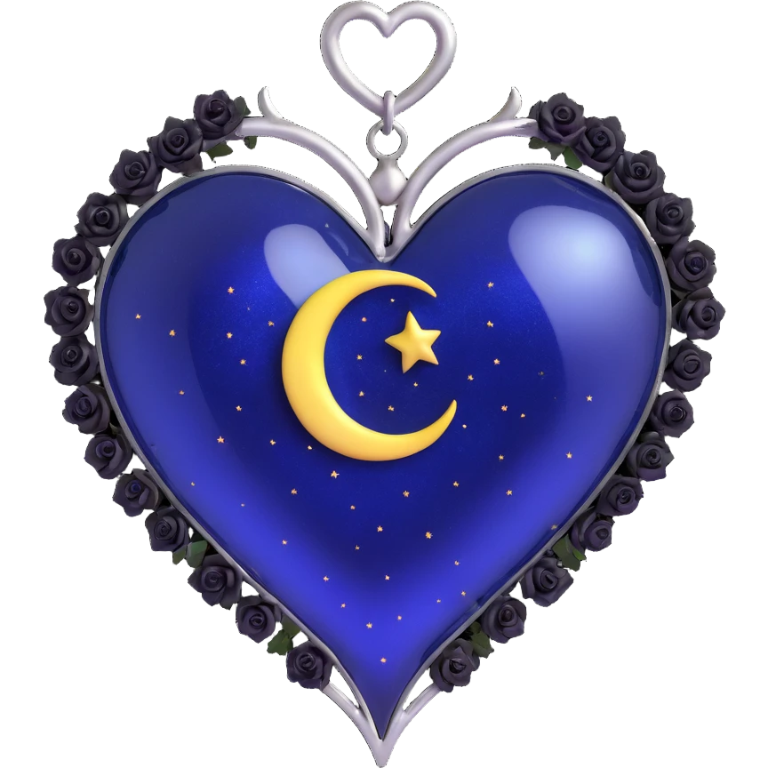 gothic heart made of midnight blue glass with a silver crescent moon, tiny black roses, shimmering stardust, metallic chrome shine emoji