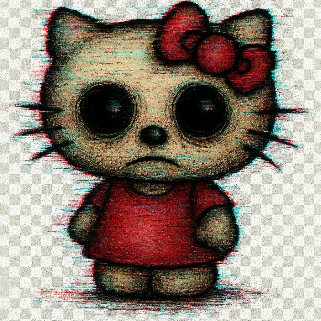 Add a digital glitch effect to the image while keeping the uncanny and unsettling vibe. Remove the background entirely for a clean isolated subject. emoji