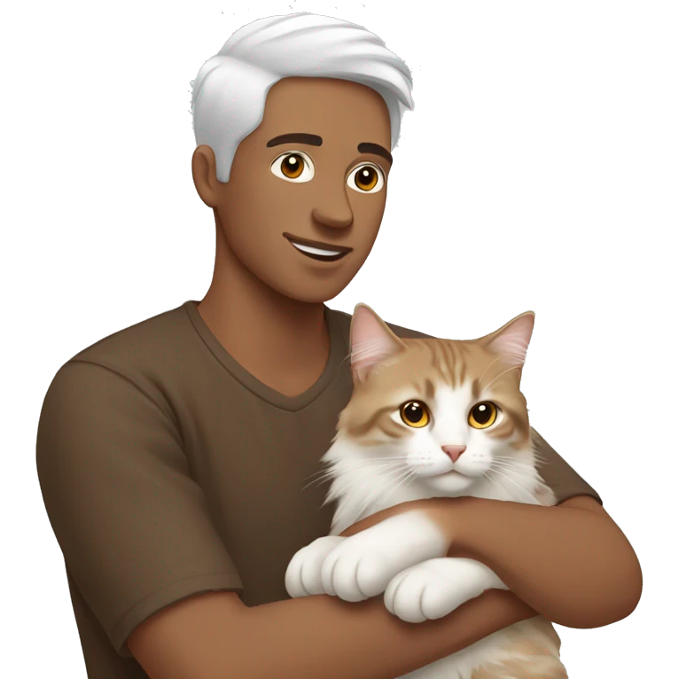 man with brown holding a white Siberian cat emoji