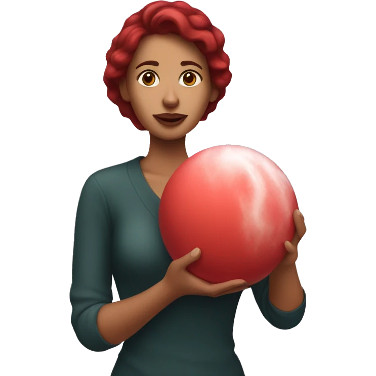 Dark red hair mexican woman holding a red bath bomb in her hands emoji