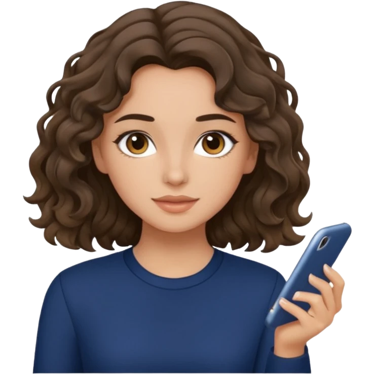 A brunette wavy hair girl, with fair/olive skin, simple makeup wearing navy blue clothes emoji