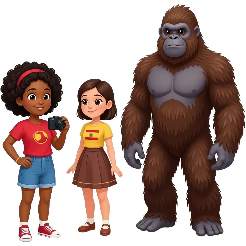 A black girl taking a photo of a spanish girl  standing next to Bigfoot for a picture in the forest emoji