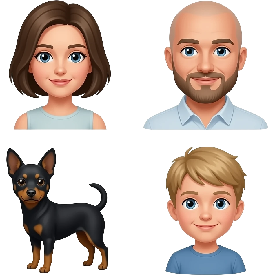 grey eyes woman with dark blond bob haircut and her boyfriend bald blue eye man with beard, her little shiatsu black dog and her 1 year son with short blond hair emoji