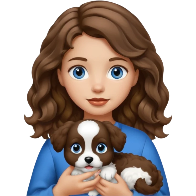 Baltic girl with light skin, wavy brown hair, blue eyes, holding a fluffy black and white dog, apple emoji style emoji
