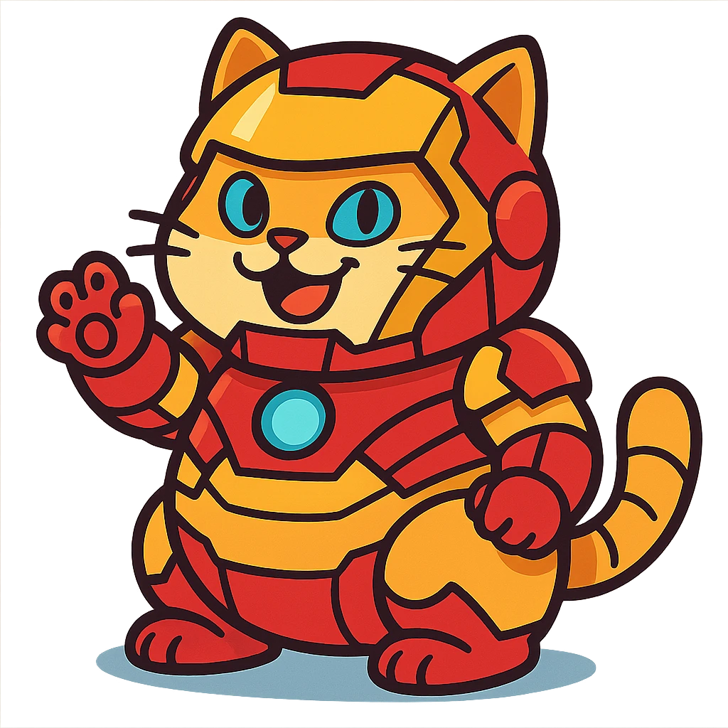a chubby cat wearing Iron Man's helmet and suit, playful expression, comic style emoji