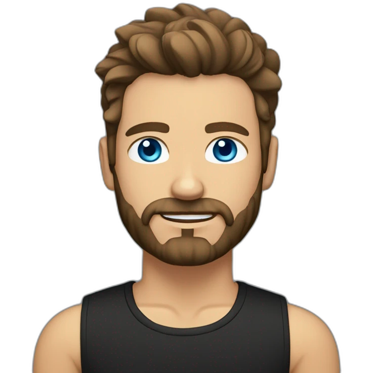 White man with a sun kissed tan and blue eyes. His hair is dark brown, styled sideways backwards. He has a beard and mustache trimmed. Wears a black t-shirt. emoji
