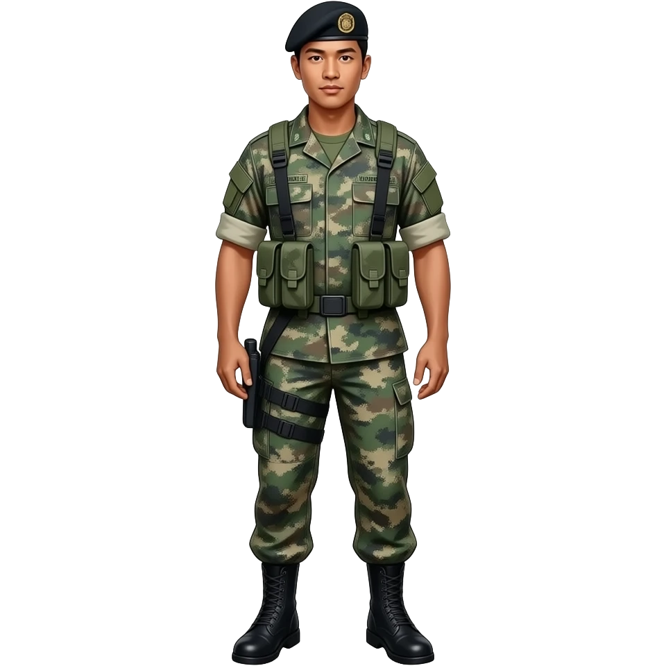 Filipino man army battle dress uniform and black combat boots full body 1990s 2000s emoji