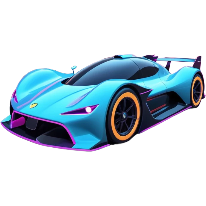A futuristic racing car with glowing neon lights, sleek aerodynamic design, and a cyberpunk cityscape in the background. The car is speeding through a neon-lit street with high-tech buildings and holograms." emoji