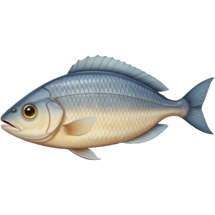 whole raw sole fish, flat oval-shaped body, smooth brownish-grey skin on top, pale underside, both eyes visible on one side, fine scale texture, tapered tail, small fins, fresh and moist appearance, neatly trimmed, soft lighting, subtle shadows, transparent background, emoji scale emoji