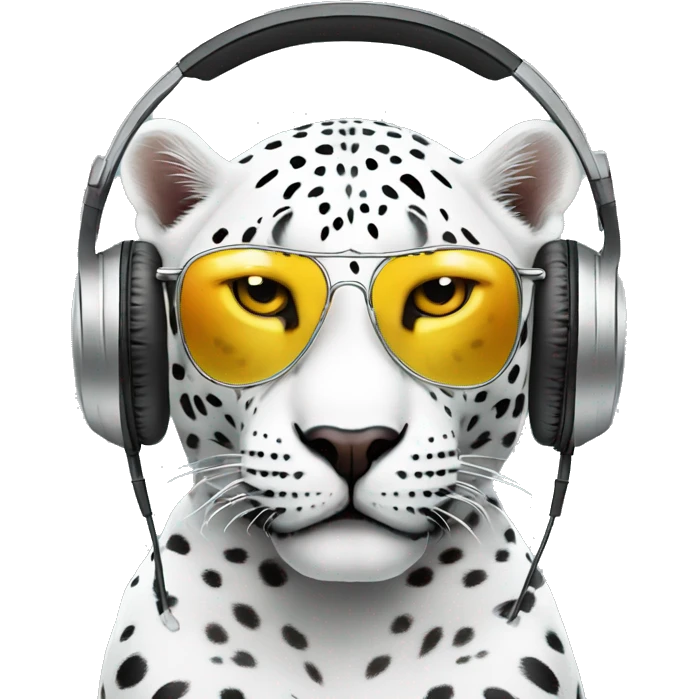 white jaguar dj, emoji face, looking forward, wearing cool sunglasses, wearing over-ear headphones on top of head emoji