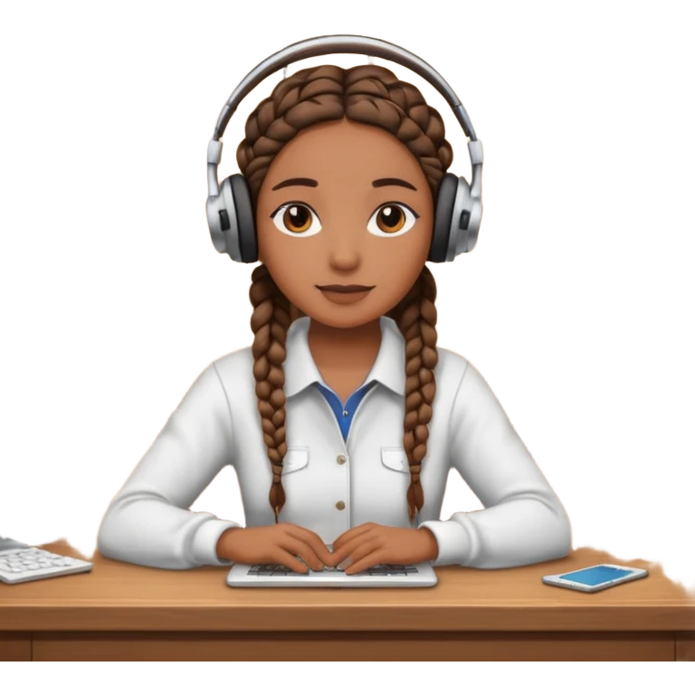 realistic brown skinned female with braids sitting at a desk with headphones on emoji