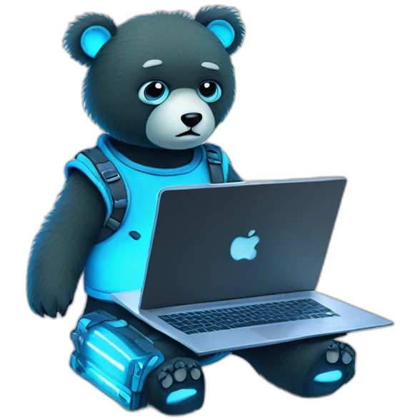 little blue neon punk bear with broken toy laptop emoji