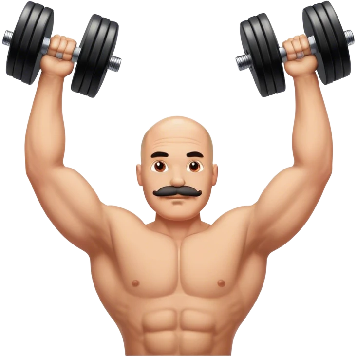 Bald man with mustache peeking around a big strong man overhead pressing dumbbells emoji