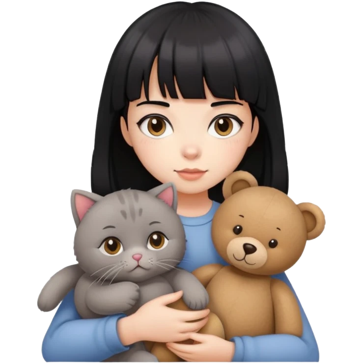 A girl with black hair with bangs and a white face is holding a British gray cat and a brown teddy bear emoji