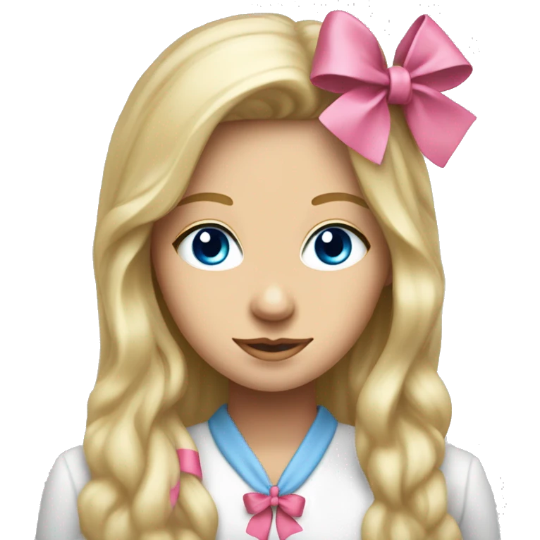 Pretty Blue eyed blonde long hair woman with pink bow in hair that is a psychology major at university  emoji