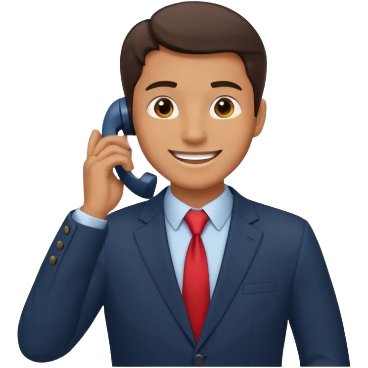 A man on the phone about to make a complaint but happy emoji