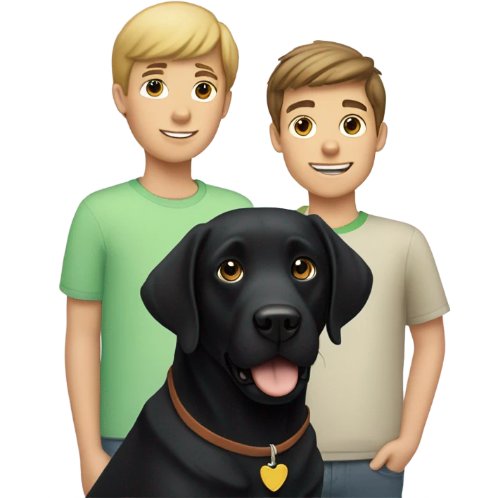 Black Labrador dog with two Caucasian teenage boys both boys have brown hair  emoji