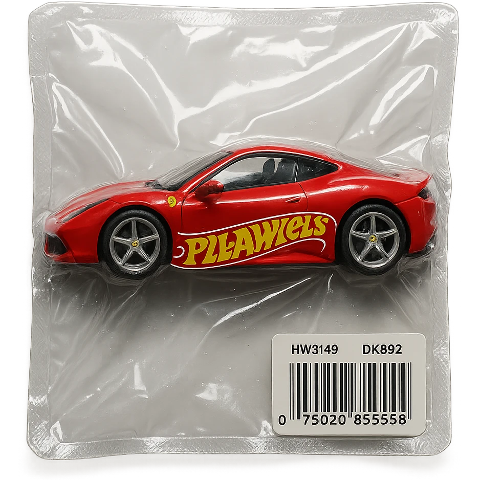 red Ferrari in Hot Wheels packaging, 'PLAVLEYS' written on the side in dynamic racing font, glossy, vacuum-sealed style emoji