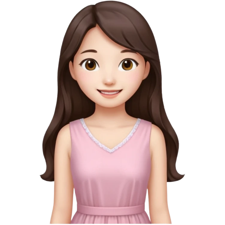 Korean girl in blue and white long haired brunette girl in light prink dresses smiling emoji