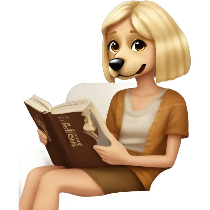 Chica rubia de ojos azules en un sofá tapada con una manta marrón mientras lee un libro. Al lado suya está su perro, un American de color claro emoji