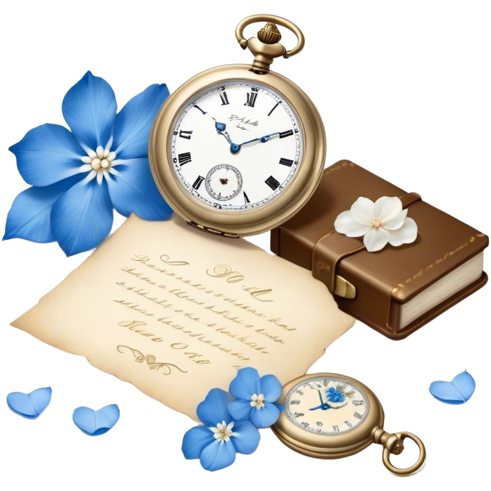 An elegant still life of a vintage pocket watch with an engraved case, lying next to a faded love letter sealed with a pearl wax stamp, surrounded by delicate white and blue floral petals.
 emoji