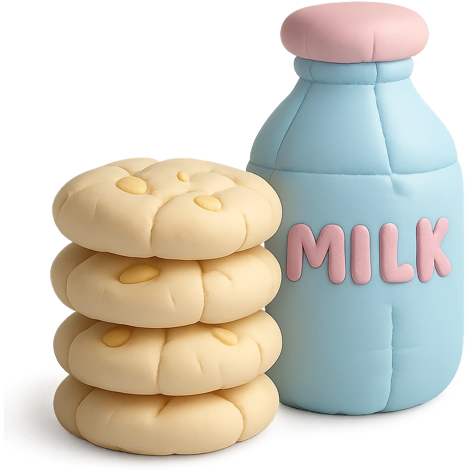 a cushion style stack of cookies next to a bottle of milk, cozy and rounded, pastel colors emoji