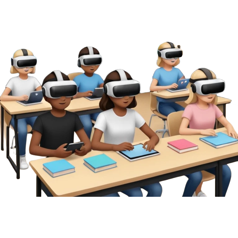 Birdseye view of large study space with students working separately add students wearing Virtual reality headsets emoji