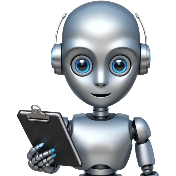 Portrait of a small humanoid robot with round head, metallic limbs, glowing eyes, holding a clipboard emoji