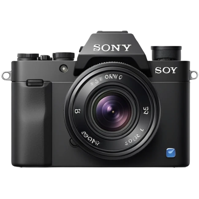 Ultra minimal black camera with 'Sony' text on top, basic camera shape with tiny lens, Sony branding visible emoji