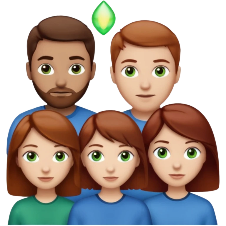 One woman with blue eyes, brown hair, light skin standing next to another woman with darker red brown hair, lighter skin, and green eyes, standing next to a man with no facial hair, blue eyes, and short brown hair emoji