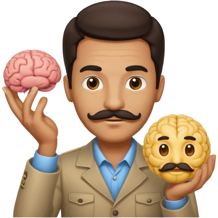 mustachioed man with dark hair holding a brain as an emoji no curl to mustache  emoji