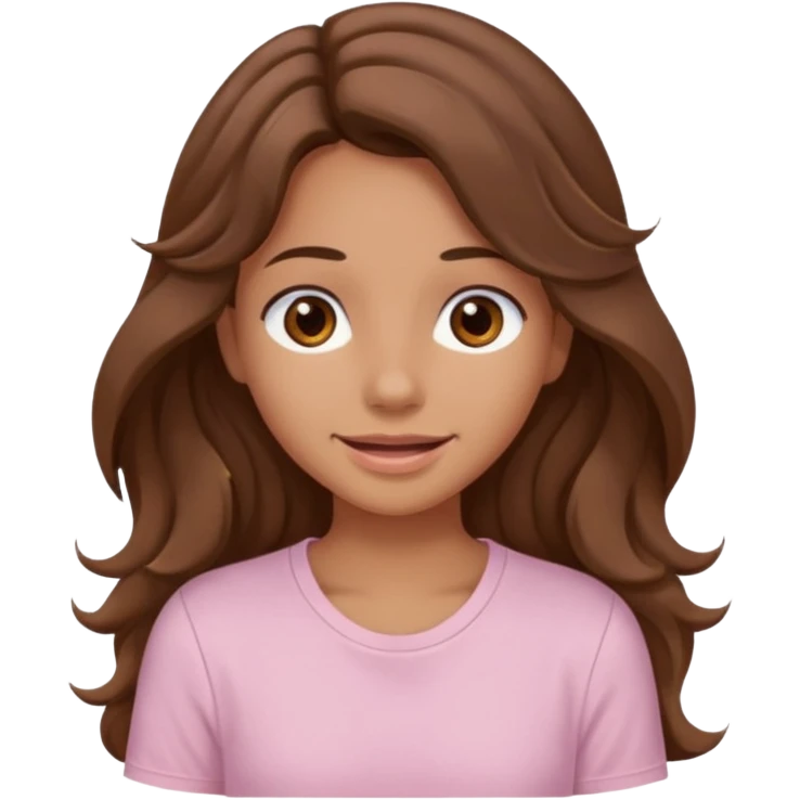 A pretty girl with tan skin and long brown wavy hair, wearing a very light pink basic shirt with brown eyes and a closed mouth smile emoji