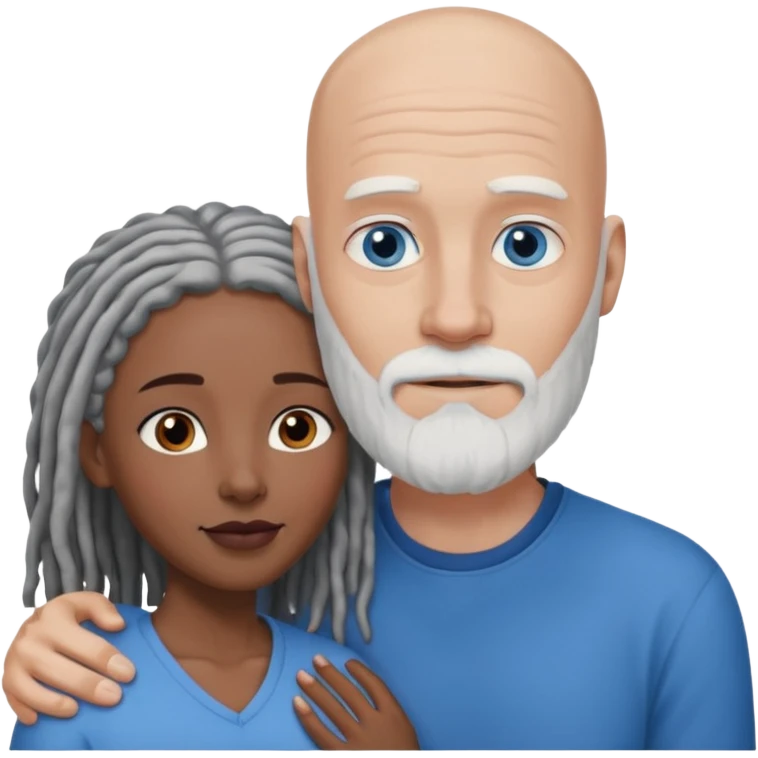 Tall bald white man with a white beard and blue eyes in a lovingly embrace with a black woman with brown eyes and grey hair dreads emoji