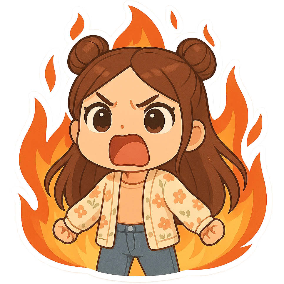 Create a chibi sticker of the girl from the reference image. She has brown straight hair styled in double buns, brown eyes, wearing a pastel floral cardigan and jeans. She is screaming angrily, surrounded by flames. The sticker should have a white outline and a transparent background, sized 512x512px. emoji
