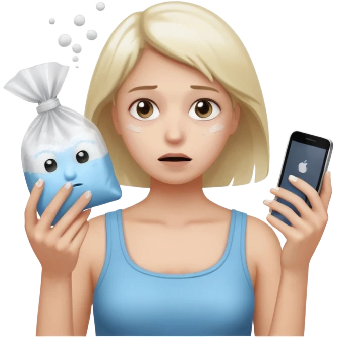 she's anxious , has a transparent tiny pastic bag full of white powder, and her phone in the other hand emoji