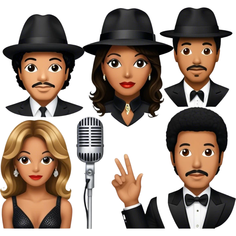 Icon for R&B Music: collage of iconic R&B artists—Michael Jackson, Beyoncé, Lionel Richie, Whitney Houston, and Barry White. Each artist represented by a silhouette or symbolic item (like a glove, microphone, or fedora). Transparent background. emoji