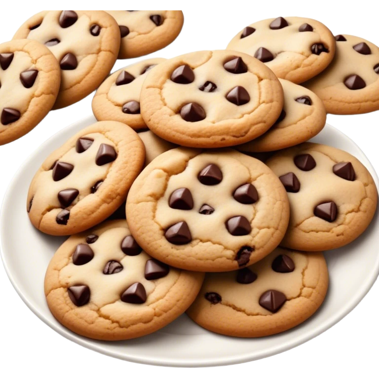 Cinematic Realistic Cookies Dessert Emoji, showcasing a plate of freshly baked cookies with gooey chocolate chips rendered with lifelike textures and warm, homey lighting. emoji
