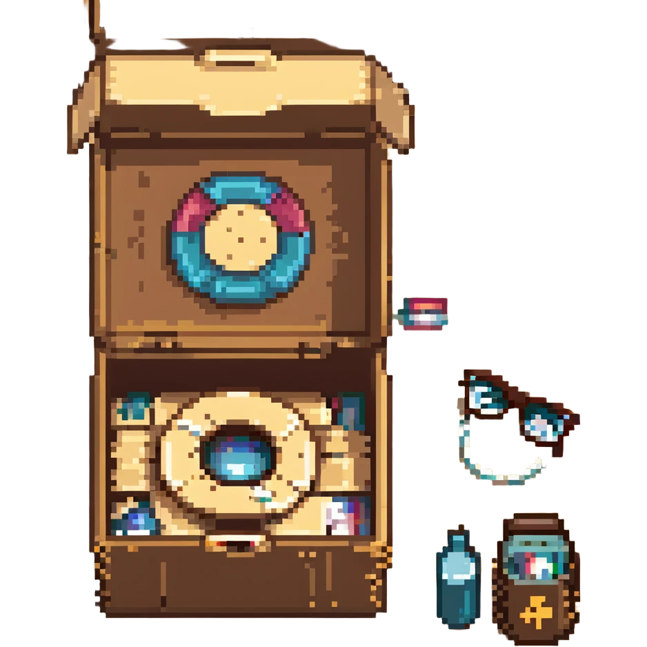 An open box containing a protective amulet from mom, a vinyl record from a friend, bandages, and glasses emoji