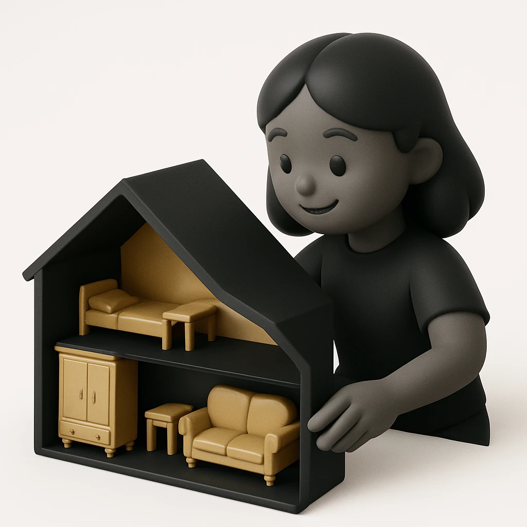 smiling girl arranging furniture in doll house emoji