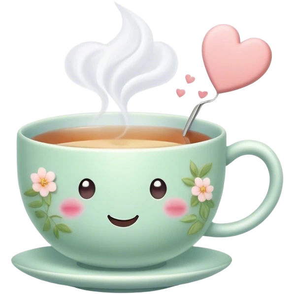 Cute Kawaii Tea Cup, steaming with warmth, a charming smiling face, soft pastel tones, delicate floral patterns, a tiny heart-shaped tea bag tag, cozy and inviting! emoji