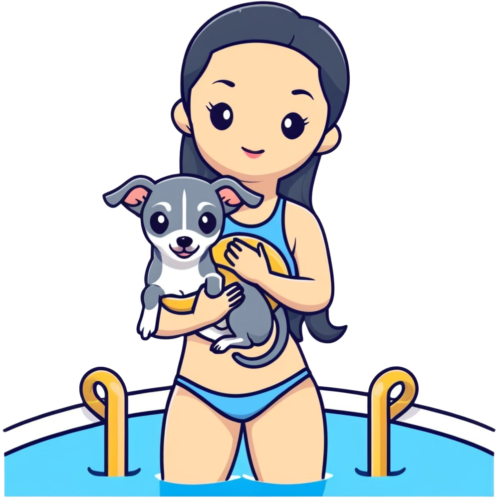 Slim Chinese woman with long black hair in appropriate pool attire at an indoor swimming pool with her Italian greyhound that is COMPLETELY solid grey, with absolutely NO white markings anywhere, single uniform grey color throughout entire dog body emoji