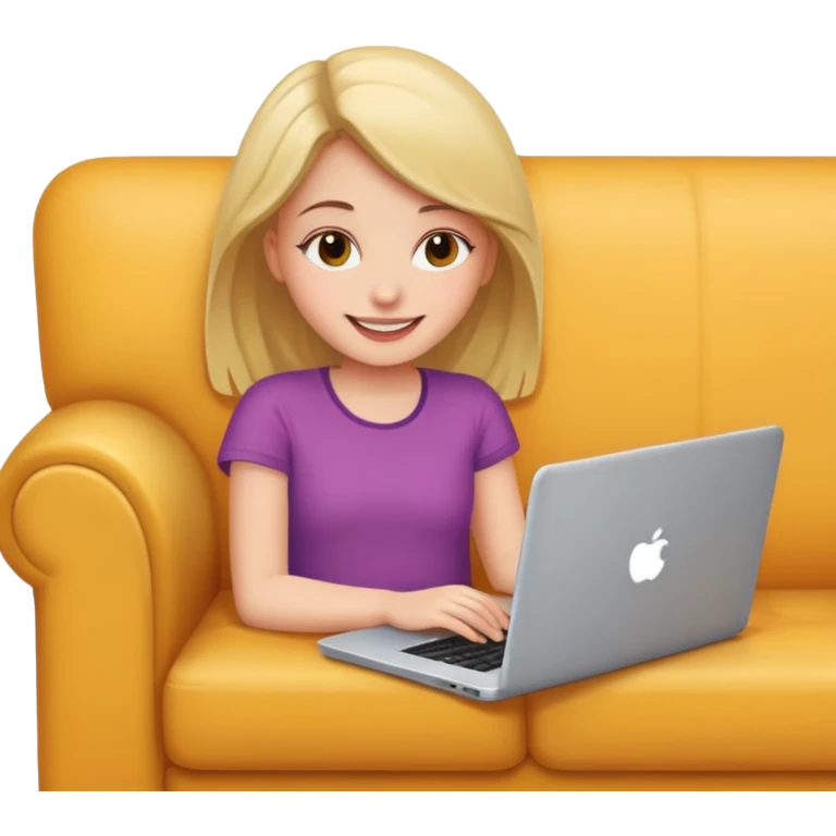 A girl is working with a laptop while lying on the sofa emoji