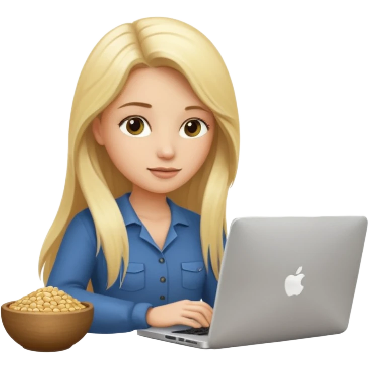a blondie woman with long hair working with a computer laptop and a grains vessel around emoji