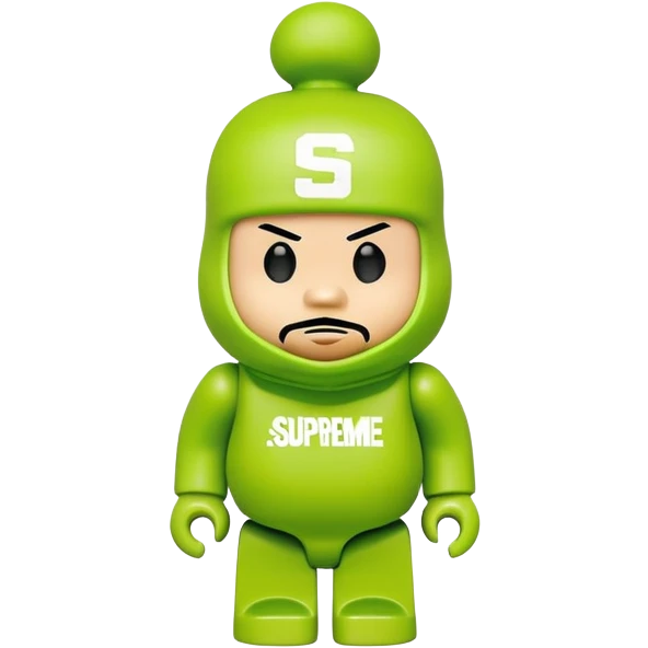 bearbrick toy wearing a lime green balaclava with Supreme logo and thick aggressive eyebrows showing above emoji