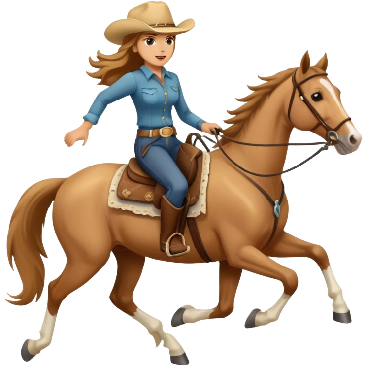palomino horse running with a woman rider with brown hair and a cowboy hat emoji