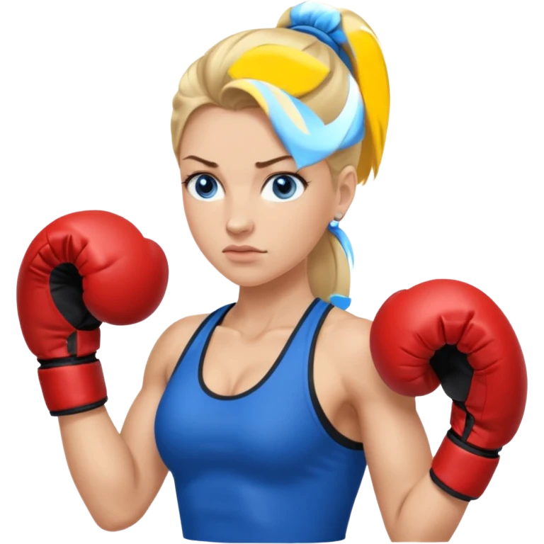 Rubia de ojos azules boxeo con pelo recogido y mostrando cuerpo emoji