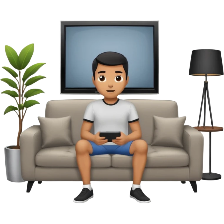 A man photographed from behind, sitting on a sofa and watching the news on TV on a modern flat screen. The setting is a living room. emoji
