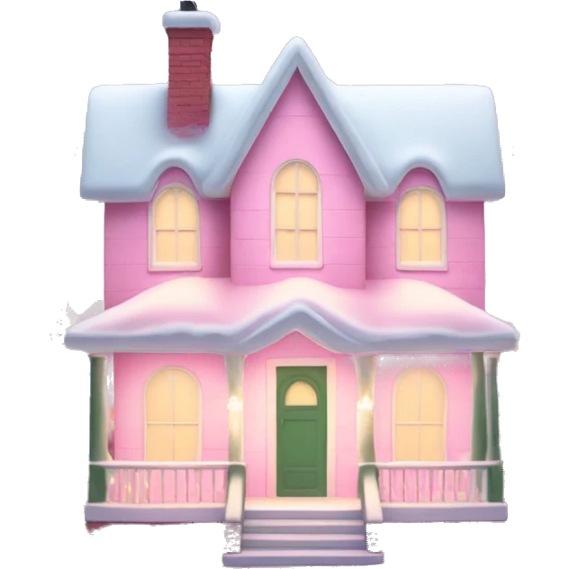 Pastel pink Christmas house with Christmas lights and evergreen trees emoji