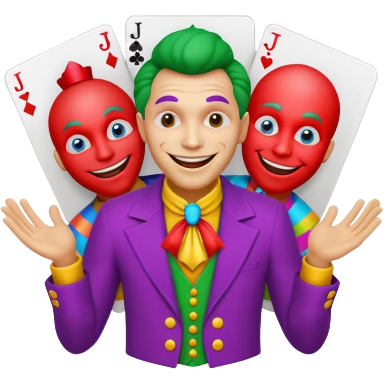 3 poker cards, with crazy colorful human jolly jokers inside, face and torso only emoji